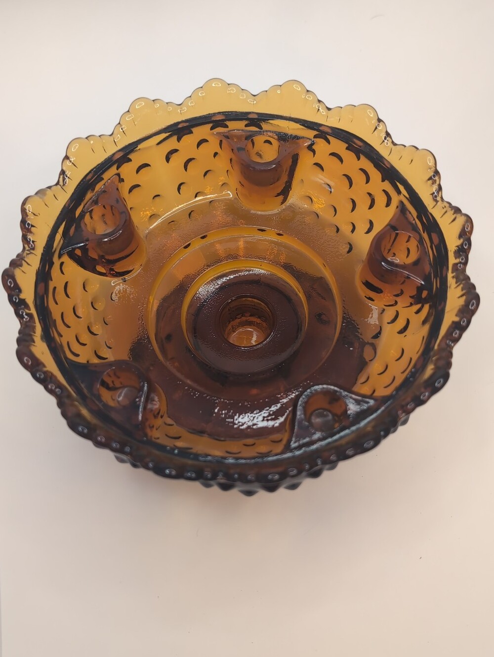 Vintage Fenton Amber Hobnail Glass Candle Bowl W/ Footed Base + Scalloped Rim